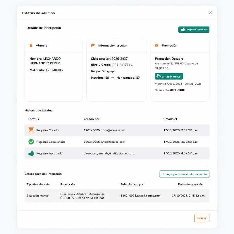 Pantalla de seguimiento de inscripciones de Scloudfy