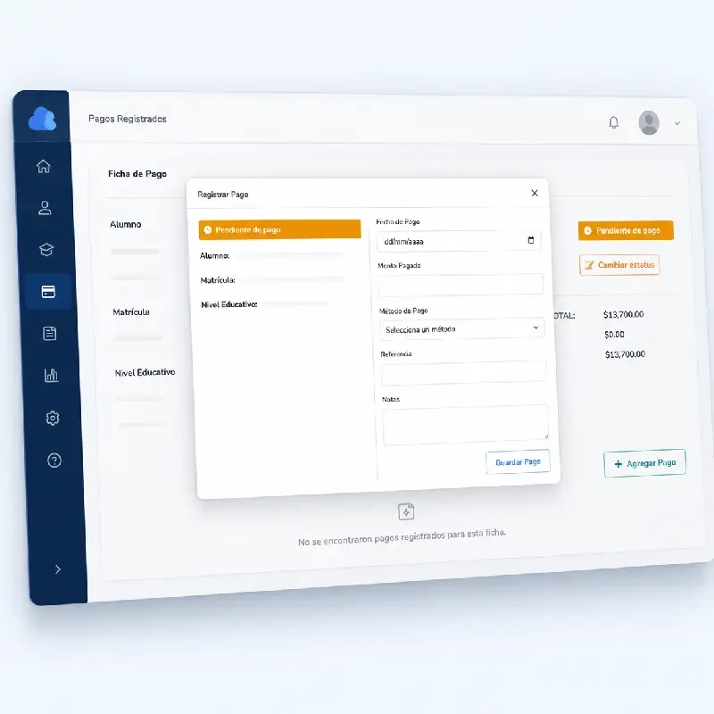 Pantalla de pagos y cobranza de Scloudfy